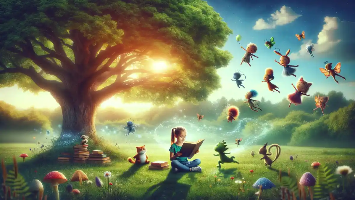 It features a child engrossed in a book under a tree, with imaginative characters floating around